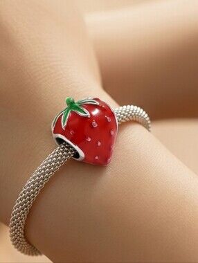 Strawberry Charm Bead Red Enamel Silver European Bracelet Charm Nostalgic Gift